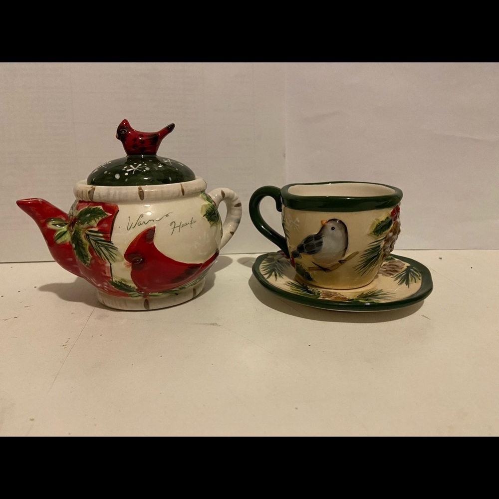 EUC - Yankee Candle ceramic teapot & tea cup votive holder